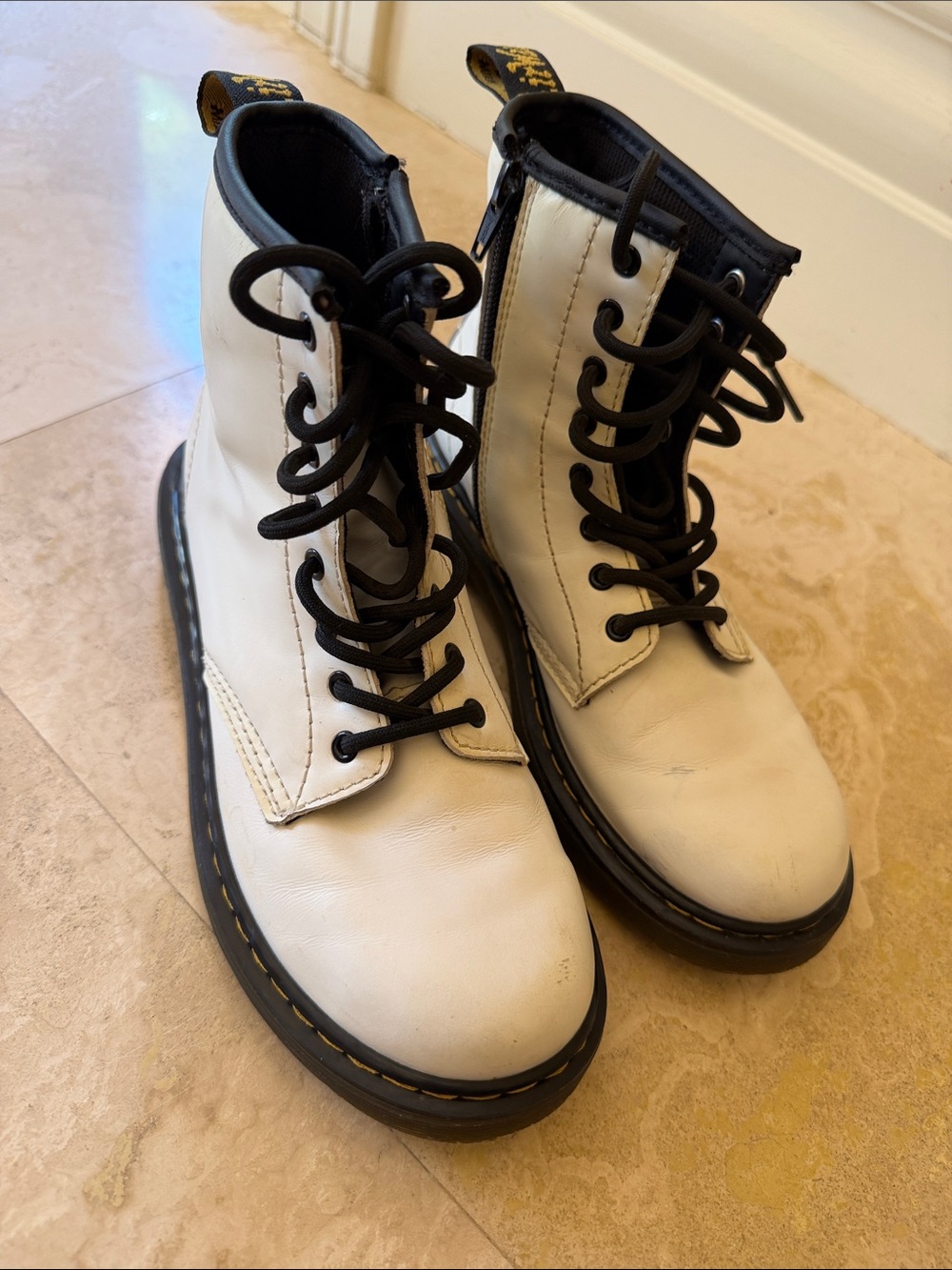 Dr. Martens Kids White Leather Lace-Up Boots with Black Accents